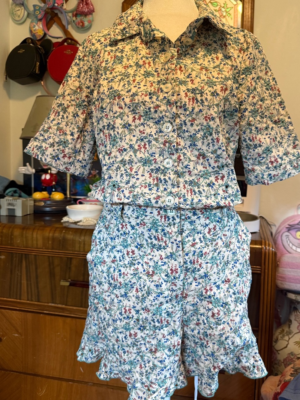 Sézane Floral Button-Front Set in Blue & Cream with Red Accents